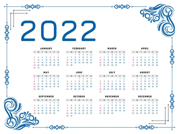Nieuwjaar 2022 Kalender Bloemen Frame Ontwerp Vector — Stockvector