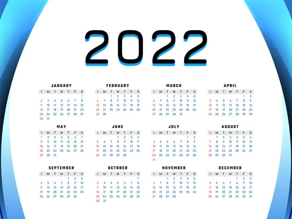 Nieuwjaar 2022 Kalender Blauw Golvend Design Vector — Stockvector