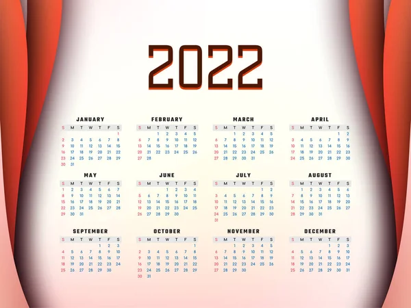 Nieuwjaar 2022 Rood Golvende Kalender Ontwerp Vector — Stockvector