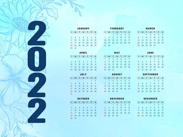 Blue Watercolor Flower New Year 2022 Calendar Design Vector — Stock Vector