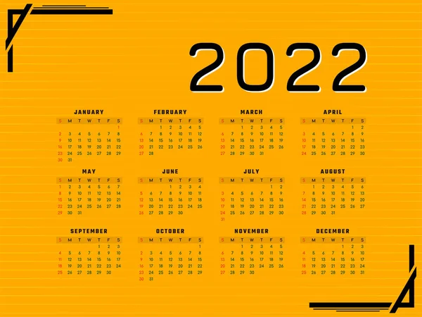 Новий Рік 2022 Календар Жовтий Сучасний Вектор Дизайну — стоковий вектор