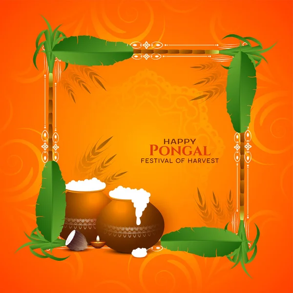 Happy Pongal Festival Card Banana Leaves Sugarcane Vector — Image vectorielle