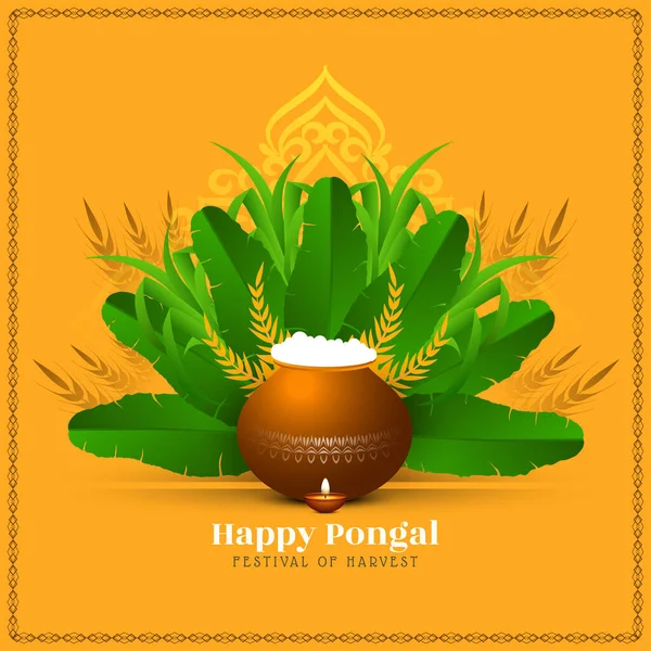 Happy Pongal Festival Card Banana Leaves Sugarcane Vector — Vetor de Stock