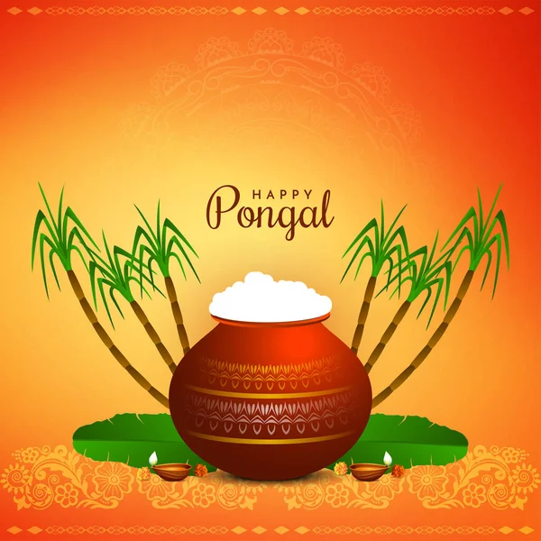 Happy Pongal Festival Card Clay Pot Sugarcane Vector — Vetor de Stock