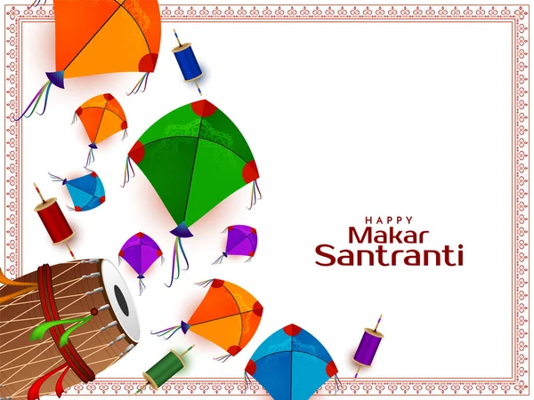 Makar Sankranti Festival Decoratieve Achtergrond Met Kleurrijke Vliegers Vector — Stockvector