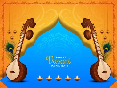 Mutlu Vasant Panchami Hint Hindu festivali etnik arka plan vektörünü selamlıyor