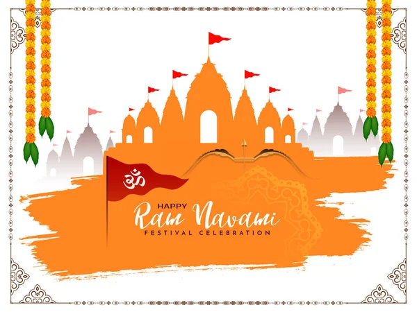 Indická Tradiční Happy Ram Navami Festivalová Karta Chrámem Vlajkovým Vektorem — Stockový vektor