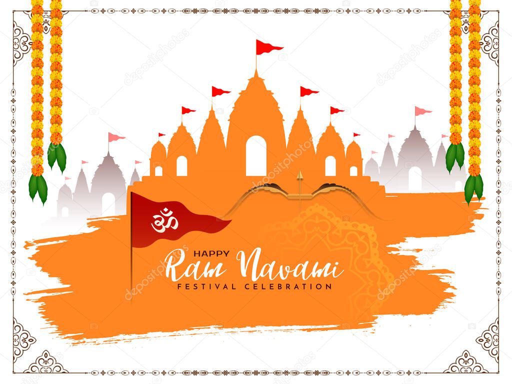 Indian traditional Happy Ram Navami festival card with temple and flag vector