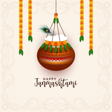Happy janmashtami festival background with decorative pot design vector