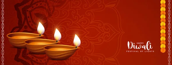 Happy Diwali Hindoe Festival Viering Klassieke Banner Met Diya Vector — Stockvector