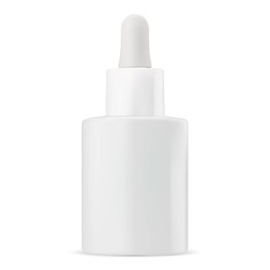 Kozmetik yağ damlası şişesi. Serum düşürücü ambalaj modeli, izole edilmiş. Beyaz cam tıbbi şişe, gerekli yağ paketi. Sıvı aroma esansı şişesi, kolajen tedavisi maketi.