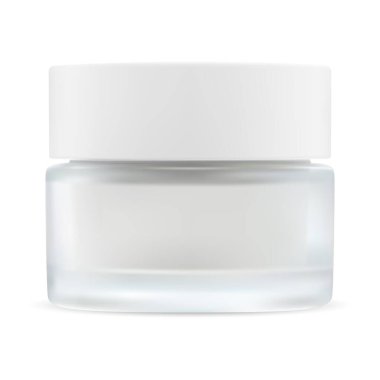 Cam krema kavanozu. Kozmetik krem kutusu boş. Beyaz plastik kapaklı cam kaplama tasviri. Yuvarlak cilt pudrası ya da jel teneke şablonu. Krema kavanozu etiketsiz, markanız için logo