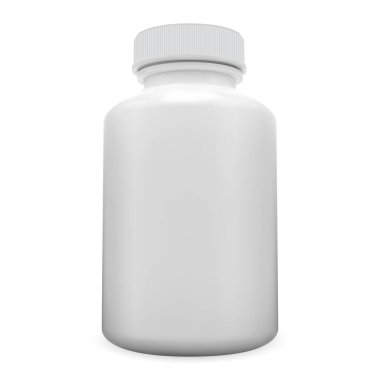 Vitamin hapı şişesi. Beyaz plastik destek kavanozu, izole edilmiş boş. Tıbbi kapsül ilaç konteynır tasarımı. Aspirin ilaç tableti illüstrasyon, antibiyotik ilaçlar dikey kutu.