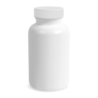 Beyaz takviye şişesi modeli. İlaç kavanozu, izole edilmiş vektör. Tıbbi tablet kutusu boş. Eczane kapsülü aspirin ya da antibiyotik ürün çizimi yapabilir