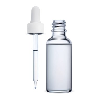 Serum şişesi. Kolajen esanslı şişe damlası tasarımı. Cam pipette yüz tedavisi, beyaz arka planda Q10 enzim çözeltisi. Mavi cam damlacık şişesi, temel yağ markası.