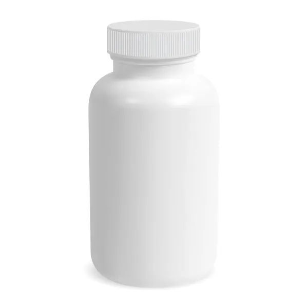 Beyaz takviye şişesi modeli. İlaç kavanozu, izole edilmiş vektör. Tıbbi tablet kutusu boş. Eczane kapsülü aspirin ya da antibiyotik ürün çizimi yapabilir