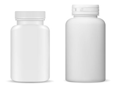 Yedek şişe maketi. Vitamin hapı şişesi, izole edilmiş beyaz plastik kap. İlaç kapsülü kavanozu boş. Eczacılık tıbbi ürün paketi tasarımı. Gerçekçi antibiyotik ilaç şişesi.