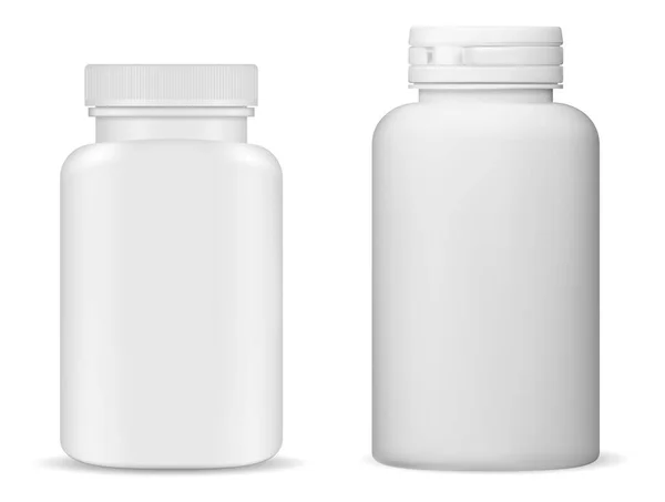 Ergänzung Flaschenattrappe Vitamintablettenflasche Isolierter Weißer Plastikbehälter Medikamentenkapsel Leer Verpackungsdesign Für — Stockvektor