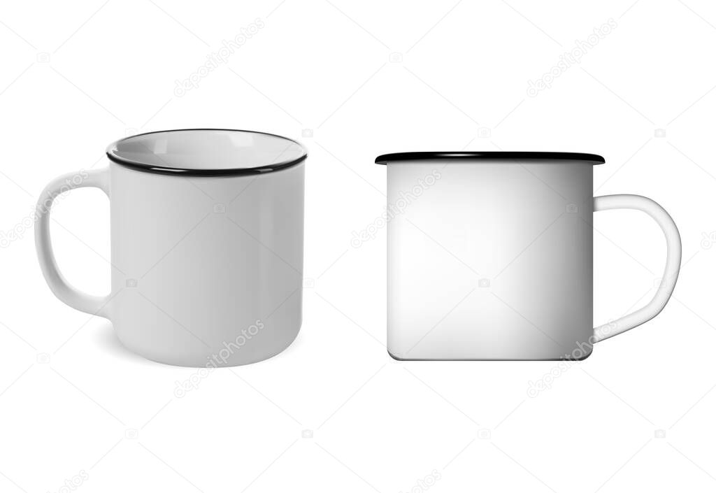 Enamel mug. Enamel metal camping cup vector blank. Vintage enamelware, retro coffee jar template with handle, realistic illustration. Glossy white camping mug for hot drink