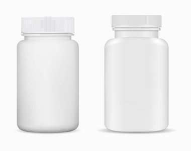 Ek şişe izole kavanoz boş. Hap kutusu vektör şablonu, ilaç paketi modeli, eczane tableti illüstrasyon. Antibiyotik tedavi kapsülü