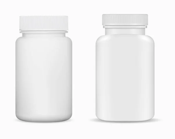 Ergänzen Flasche Isoliert Glas Leer Pille Behälter Vektorschablone Medikamentenpackung Attrappe — Stockvektor