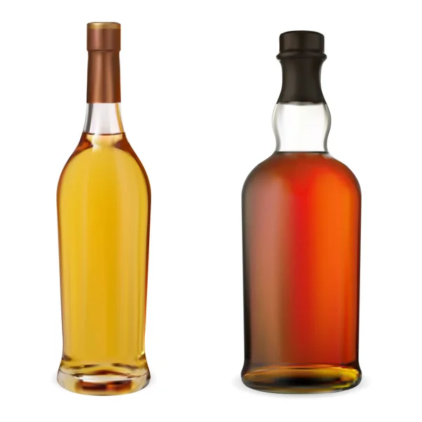 ウイスキーボトルモックアップ ウィスキーのアルコールパッケージは空白です ステッカー広告のための茶色の金ガラススコッチやバーボン飲料瓶のデザイン 現実的なラム酒ボトル ケンタッキーのウイスキーブランド — ストックベクタ