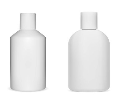 Beyaz şampuan şişesi modeli. Duş jeli ve vücut kremi için plastik kozmetik şişesi. Gerçekçi güzellik şişesi koleksiyonu, vektör illüstrasyonu. Saç nemlendirici ambalajı, cilt hijyeni