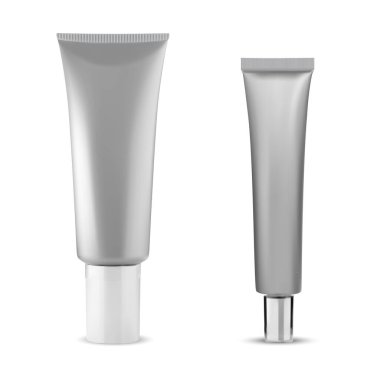 Kozmetik krem tüp modeli. Gümüş kozmetik tüp, losyon sıkma paketi. El kremi yumuşak ambalaj kabı. Merhem ambalaj vektörü boş, gerçekçi metalik gri çizim