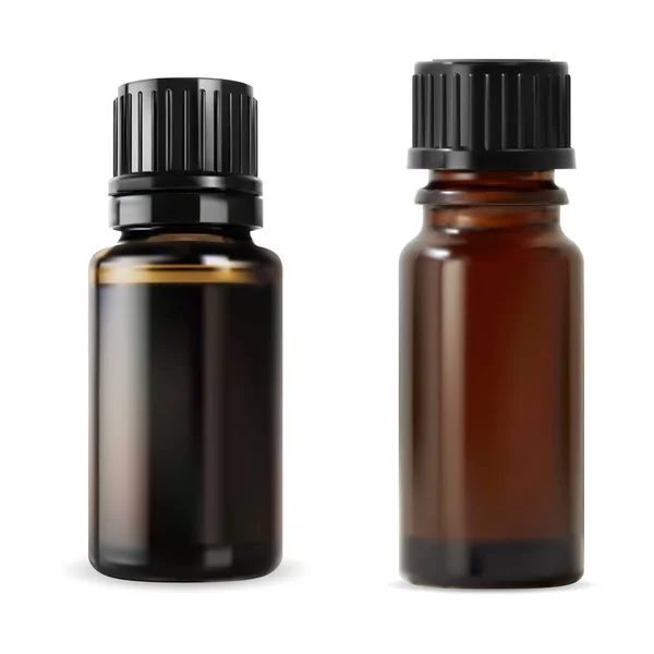 Kleine Bruine Olie Fles Glanzende Essentiële Injectieflacon Met Zwart Schroefdeksel — Stockvector