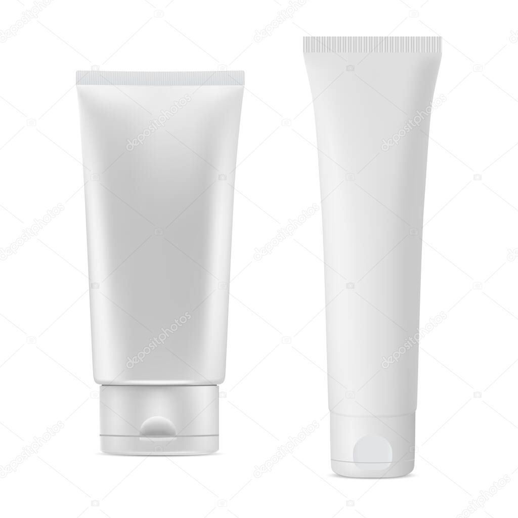 White plastic cosmetic cream tube, vector container blank. Lotion package mockup, cosmetic product bottle. Toothpaste packaging isolated on white background, realistic closeup