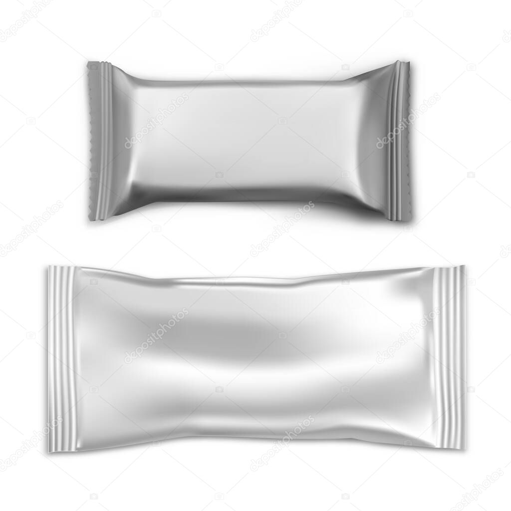 Chokolate bar package, snack pack mockup, foil pouch vector blank. Foil pillow bag for protein nutrition bar, biscuit product sachet, realistic illustration, top view