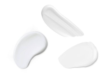 Beyaz krem deseni. Kozmetik leke örneği, vektör çizimi. İzole losyon damlası çizimi, pürüzsüz kapatıcı seti. Yüz makyajı, yuvarlak damla elementi