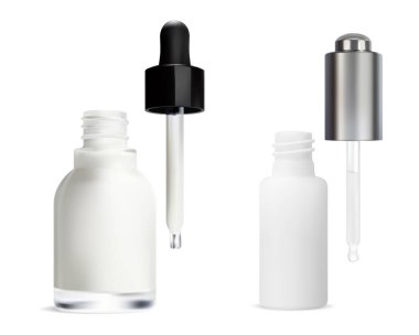 Cam düşürücü şişe. Kozmetik serum şişesi modeli. Buzlu cam, gerekli yağ şişesi, nemlendirici sıvı için güzellik kutusu, pipet kutusu, yüz bakımı ilacı.
