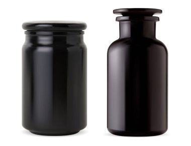 Siyah cam eczacı şişesi. Banyo tuzu kavanozu, parlak kaliteli şarap şişesi. Aroma mumu yuvarlak konteynır modeli. Retro laboratuvar şişesi, zarif bir takviye. berber ürün şişesi