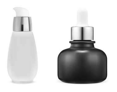 Kozmetik serum düşürücü şişesi. Serum özü pompa kabı. Pipette damlası şişesi, güzellik ilacıyla yüzleş. Cilt bakımı ürünleri için havasız ilaç kutusu, gerçekçi lüks paket.