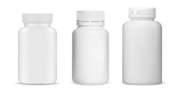Medicine Pill Bottle White Plastic Blank Vitamin Supplement Jar Mockup — Vector de stock