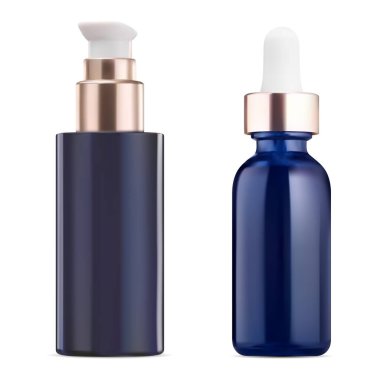 Serum şişesi modeli. Mavi cam damlalık şişesi, gerçekçi vektör şablonu. Lüks yüz temeli ürünü için dispensercap şişesi pompala. Temel yağ kozmetik çözeltisi koleksiyonu