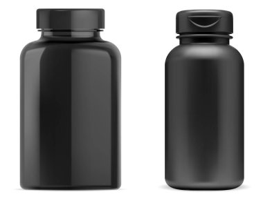 Siyah hap şişesi. Siyah plastik destek hapı kavanozu, vitamin kapsülü boş model. İlaç tablet şişeleri, sağlık sigortası ilaçları, dikey silindir kutuları.