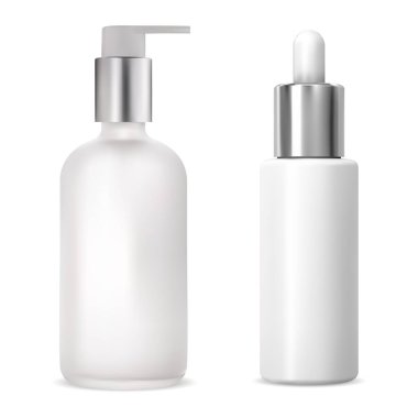Kozmetik serum şişeleri. Pompa şişesi, damlalık şişesi. Beyazda izole edilmiş. Gümüş kapaklı kozmetik yağ dağıtıcı paketi. Aroma özü göz damlası şişesi, doğal tıbbi tedavi şişesi.