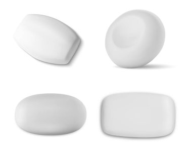 Sabun çubuğu vektör modeli. Anti bakteriyel sabun katı çizimi. Tuvalet deterjanı, hijyen kozmetik tasarımı. Çember ve elips şekilli sabun, spa ve banyo saflığı markası, beyaz renk.