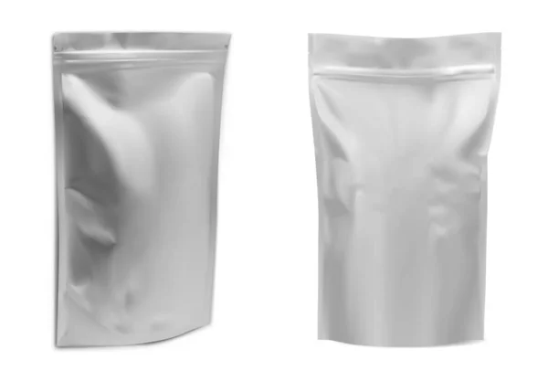 Kaffeesack Attrappe Vorhanden Folie Lebensmittelbeutel Vektor Leer Realistische Silberne Verpackungsvorlage — Stockvektor