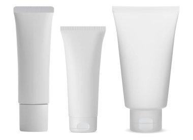 Beyaz kozmetik tüp. İzole edilmiş kozmetik krem paketi, plastik şişe boş. Diş macunu ve sos için gerçekçi bir vektör paketi. Yüz bakımı nemlendirici tüp, uzun tıbbi boş illüstrasyon