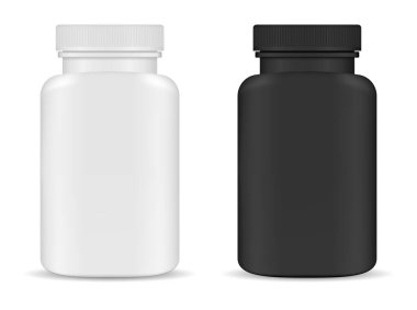 Destek şişesi. Beyaz plastik vitamin hapı kavanozu vektör boş maketi. İlaç kutusu, siyah ilaç kutusu. Tamam. Kapsül tıbbi silindir illüstrasyon, antibiyotik ilaç