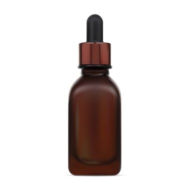 Kahverengi cam kozmetik şişesi, serum ambalaj modeli. İlaç göz damlası tasarımı. Organik aromaterapi tedavi tüpü. Tıbbi cam şişe boş, çiçek parfümü