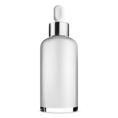 Serum şişesi modeli. Kozmetik özü kabı Lüks güzellik suyu ile vitamin ve vektör illüstrasyonuyla yüzleşir. Yaşlanan yüz bakımı sıvısı şişesi pipetle. Gerekli yağ özü