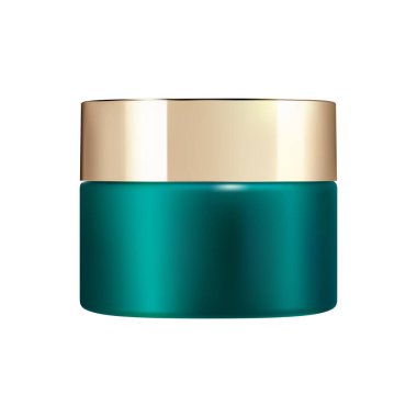 Krema kavanozu modeli. Vücut kremi kozmetik konteynır modeli. Deri yağı ya da fırça için altın kapaklı yeşil plastik kavanoz, güzellik bakım kozmetik tasarımı. Gerçekçi yüz pudrası parlatıcı paketleme