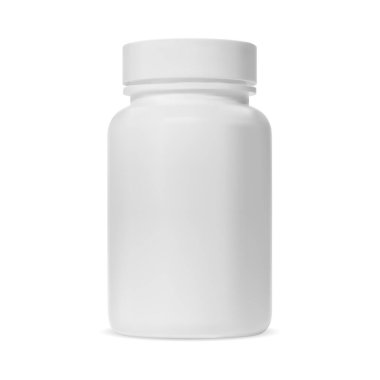 İlaç şişesi. Beyaz ilaç takviye kavanozu, izole edilmiş vektör. Aspirin kapsülü şablonu. Tıbbi antibiyotik tablet şişesi, ilaç ilacı. Beyaz arka planda dini eczacılık konteynırı