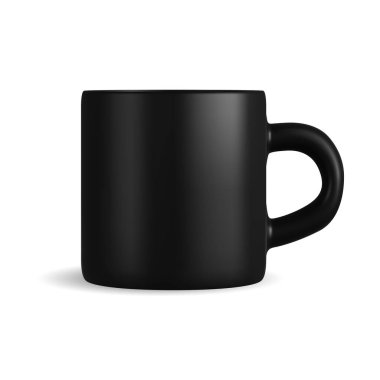 Siyah kupa. İzole edilmiş kahve fincanı şablonu. Seramik çay kupası, kurumsal markalaşma için, logo tasarımı için. Matt bardağı boş, ön gösterim. Sermaye porselenleri dağıtıyor.