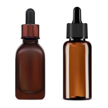 Brown glass dropper bottle. Cosmetic serum packaging. Eye drop essential oil bottle design. Pharmacy product flask with pipette cap. Eye care serum product package design for your label