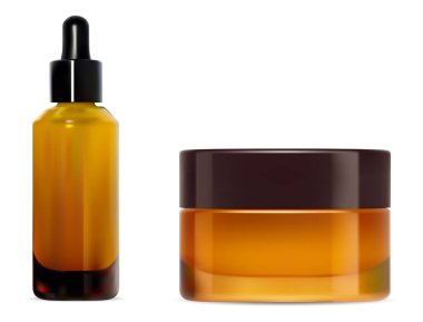 Kehribar cam kozmetik ürün kutusu. Krema kavanozu, damlatan boş set. Temel yağ şişesi, cilt naturopati koleksiyonu. Yuvarlak yüz ya da vücut kremi çizimi. Paket tasarımı